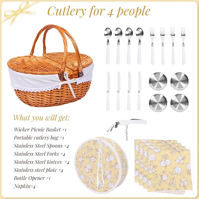 Wicker Picnic Basket with Handle, 15" Large Picnic Basket with Lid & Removable Liner, Vintage Hand Woven Basket with Cutlery Set for Picnics, Camping, Thanksgiving, and Birthday
