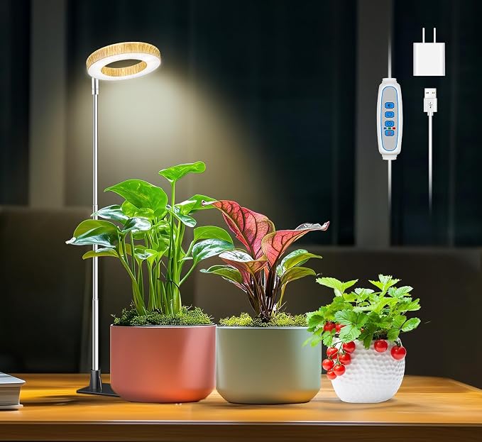 Aokrean Grow Lights for Indoor Plants Growing, Full Spectrum with Base | 48 LEDs Wood Grain 1-Pack, 2 Installation Ways, 6.5-26 in Height Adjustable, 3 Lighting Modes, Timer 6/12/16Hrs,5 Brightness