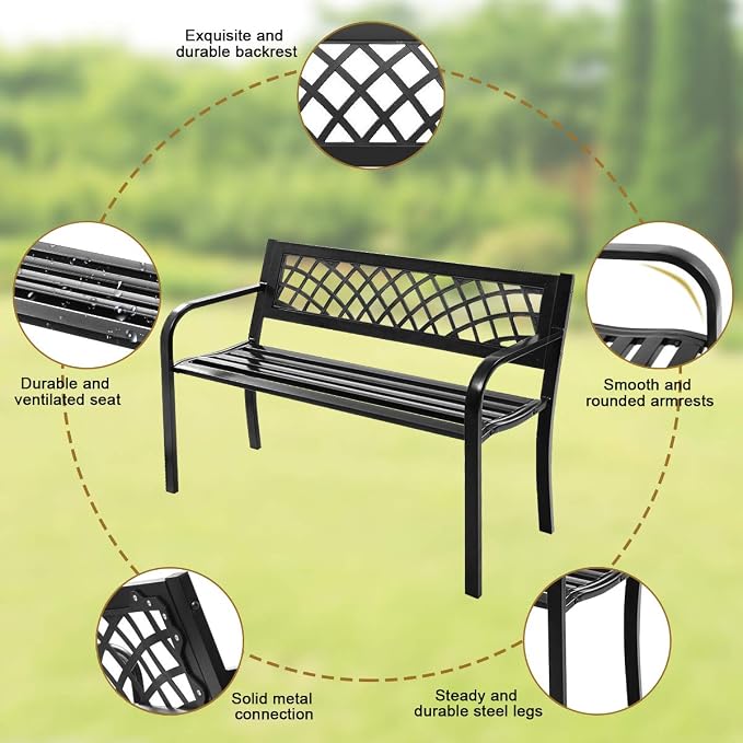Tangkula Outdoor Garden Bench Park Bench with Steel Frame & PVC Backrest, Park Bench with Large Seat for 2-3 People, Patio Furniture Chair for Yard, Balcony, Porch & Poolside, Garden Welcome Bench