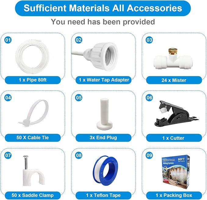 Patio Misters for Cooling Outdoor, Water Mister for Outside, 80FT|24M, White Backyard Misting Hose for Garden, Greenhouse, Fan, Deck, Umbrella, Canopy, Pool, Porch, Trampoline Sprinkler Mist,Park,Kids