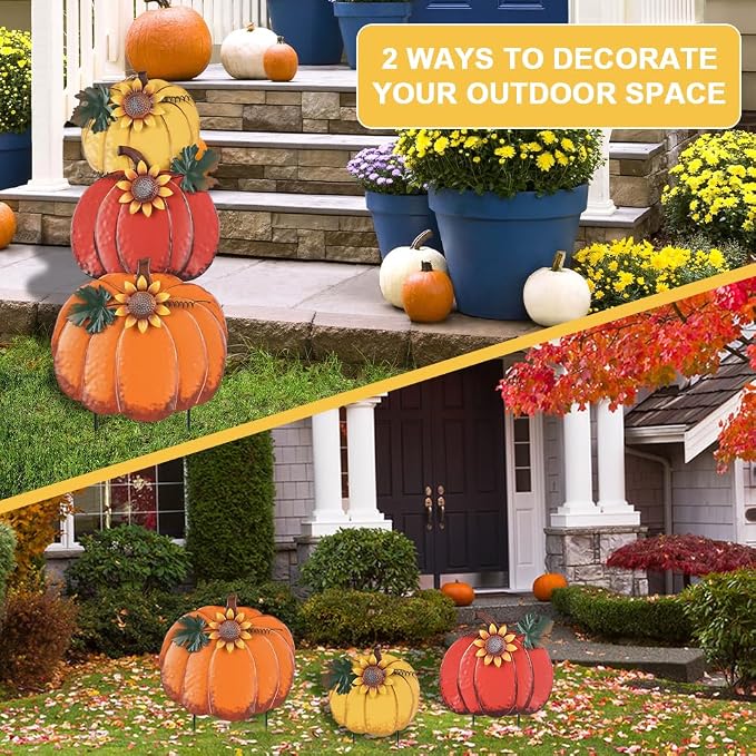PHITRIC Fall Decorations for Home Outdoor, Decorative Garden Stakes with 3 Pumpkins for Fall Decor, Metal Yard Signs for Outside Garden Yard Lawn Porch Lawn Thanksgiving Decorations