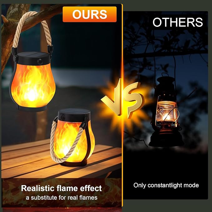 Solar Lanterns Outdoor 4-Pack with Ultra-Real Flame Lights, Dual Charging (USB/Solar), 2 Modes & Outdoor Waterproof Design — Decorative Hanging/Table Lights for Yard, Patio, Garden