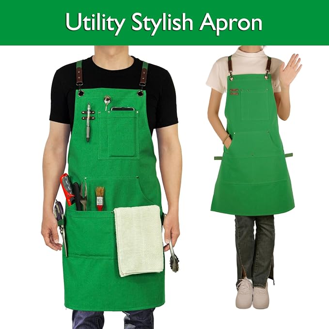 Kitchen Apron, Work Apron, Canvas Apron, Green | Multiple Pockets, Gardening, Painting, BBQ, Carpenter, Sizes M to XXL