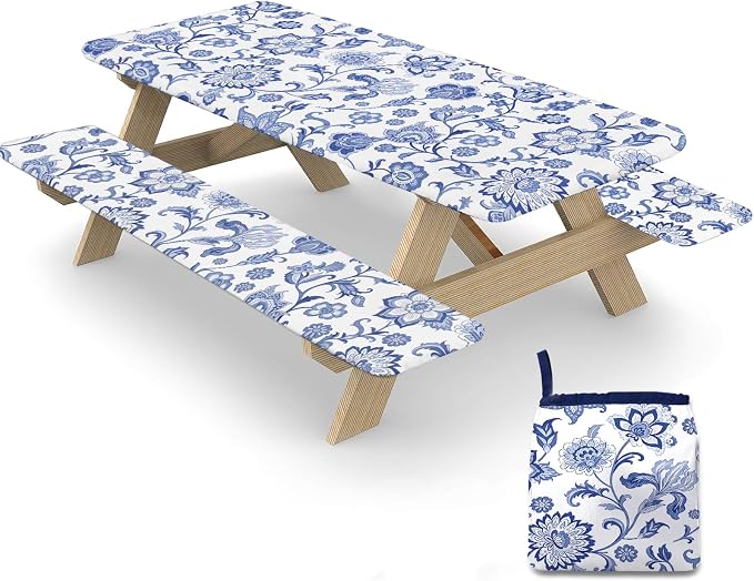 Picnic Table Cover with Bench Covers Elastic Edges, 3 Pcs Flower View Fitted Table Cover with Drawstring Bag, Waterproof Windproof Aesthetic Camping Tablecloth, Outdoor Camping Essentials 72 Inch