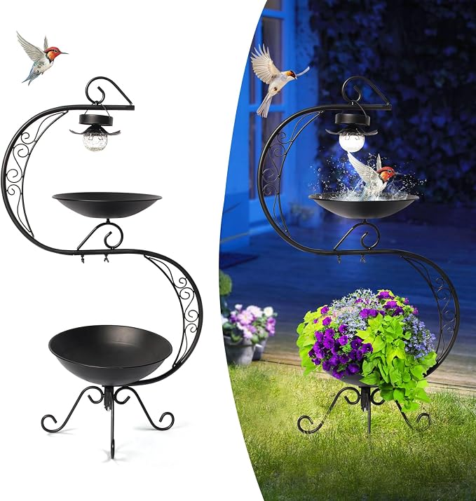 HONGLAND Bird Baths for Outside with Solar Lights, 36" Black Metal Birdbaths for Outdoors, Antique Bird Feeders with Flower Planter Pedestal for Garden, Yard, Patio Decor