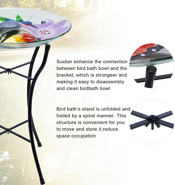MUMTOP Glass Bird Baths for Outside, 16 Inch Width Outdoor Garden Hummingbird Butterfly Bird Bath Bowl with Solar Light and Metal Stand, Large Glass Birdbath Bird Feeder for Yard Decor, 20 Inch Height