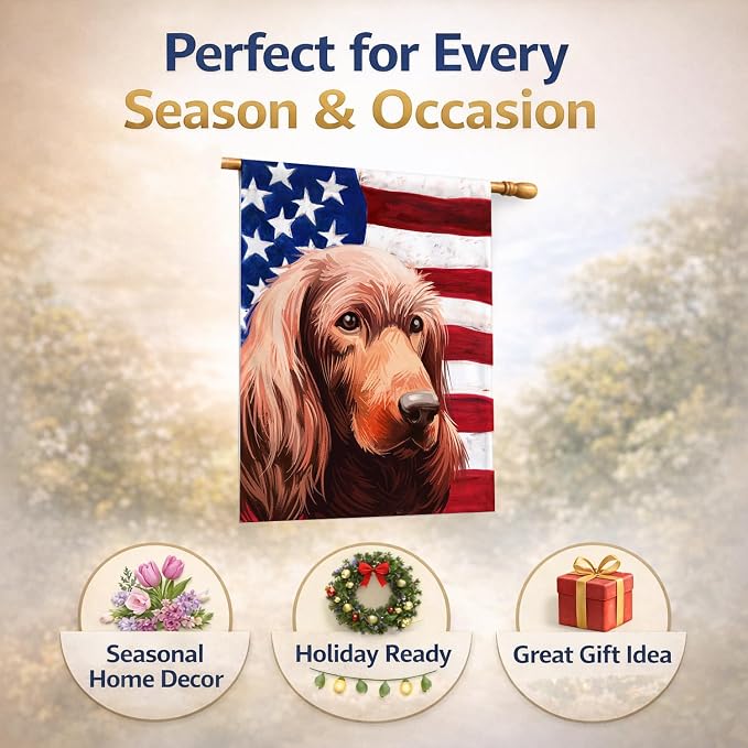 Caroline's Treasures CK6570CHF Irish Setter Dog American Flag House Flag Large Porch Sleeve Pole Decorative Outside Yard Banner Artwork Wall Hanging, Polyester, House Size, Multicolor