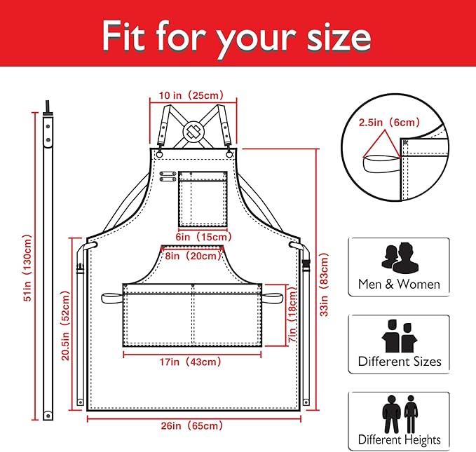 Kitchen Apron, Work Apron, Canvas, Multiple Pockets, Gardening, Painting, BBQ, Artist, Carpenter, Sizes M to XXL, Red | Multiple Pockets, Gardening, Painting, BBQ, Artist, Carpenter, Sizes M to XXL
