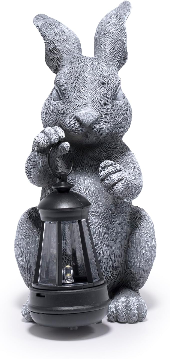 basen Outdoor Bunny Statue with LED Lantern, Battery Powered Resin Rabbit Garden Decor, Weather Resistant Gray Bunny Ornament for Lawn Yard Patio Outdoor Indoor Spring Easter Decoration