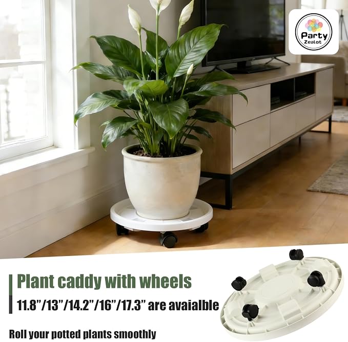 5-pack 14.2" Large Plant Caddy with Wheels Plastic Plant Dolly with Locking Caster Flower Pot Mover Rollers Wheeled Rolling Plant Stands Round Plant Saucer on Wheels Indoor Outdoor Base Coasters White