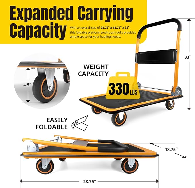 MaxWorks Foldable Platform Truck Push Dolly 330 lb Capacity 28.75" x 18.75" x 33" Heavy‑Duty Utility Cart with Fold Down Handle for Home Garage Warehouse and Workshop Use (80876)