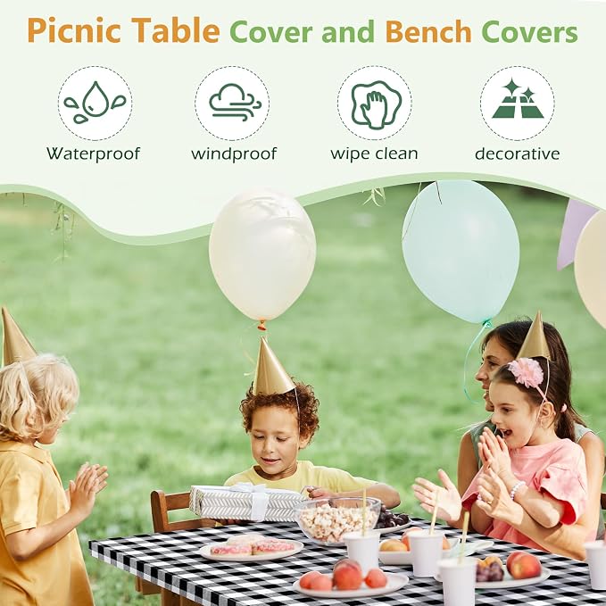 Picnic Table Cover with Bench Covers and Bag, Camping Essentials Camping Table Cover with Elastic Edges, Fitted Rectangle Tables and Seats, 72x30 Inches 3 Pcs Set (Black)