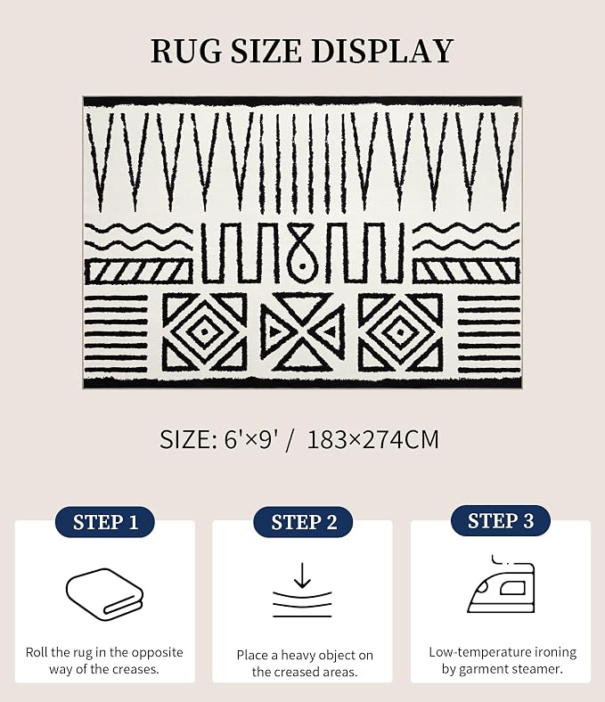 Living Room Rug 6x9- Black and Cream Rug for Bedroom Dining Room, Abstract Modern Washable Non-Slip Ultra-Thin Area Rug Symbol,6x9ft