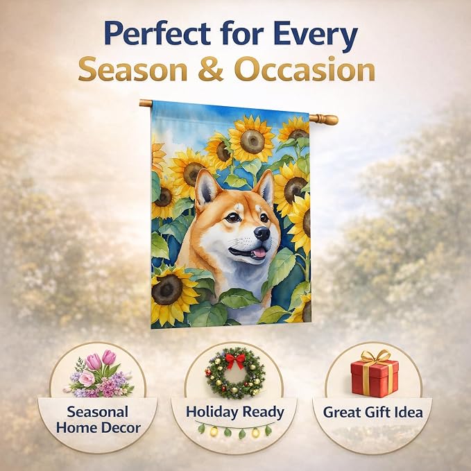 Caroline's Treasures DAC6161CHF Shiba Inu in Sunflowers House Flag Large Porch Sleeve Pole Decorative Outside Yard Banner Artwork Wall Hanging, Polyester, House Size, Multicolor