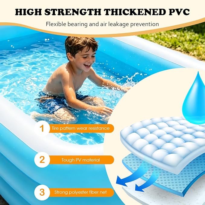 HAIKE Inflatable Pool for Adults and Kids, Summer 3 Layer Thickened Swimming Pool, Family Full-Sized Kids Pool Outdoor Water Party, Rectangular Blow Up Pool for Backyard Garden (82.7"x57.1"x22" Blue)