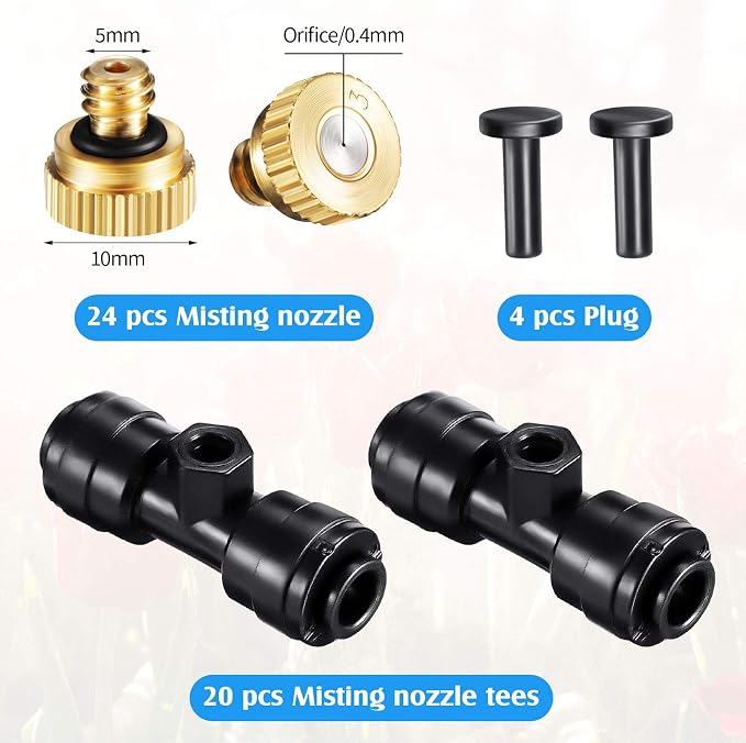 48 Pieces Brass Misting Nozzles Include Water Misting Tees Thread 1/4 Inch and Brass Orifice Nozzle with Black Plug for DIY Outdoor Patio Garden Backyard Cooling Spray System