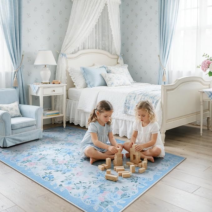 Lahome Blue Floral Bedside Rug 3x5, Low Pile Ultra-Thin Dorm Rug | Pet Friendly, Easy To Clean Non Slip Carpet For Bedside, Dorm Room, Entryway And Bedroom Decor