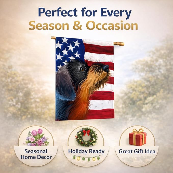 Caroline's Treasures CK6539CHF German Wirehaired Pointer American Flag House Flag Large Porch Sleeve Pole Decorative Outside Yard Banner Artwork Wall Hanging, Polyester, House Size, Multicolor