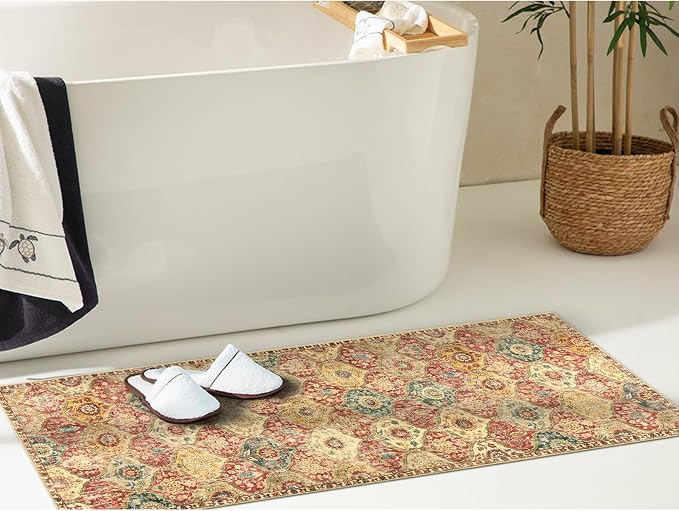 Lahome Moroccan Washable Runner Rug, 2x6 Soft Kitchen Runners for Hallways | Trellis 6 Feet Non Slip Vintage Laundry Room Rug Ultra-Thin Carpet for Bathroom Bedroom Entryway Elise, Red Orange