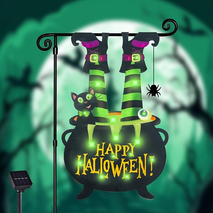 Halloween Lighted Garden Flag, Solar Welcome Ghost Yard Flag for Outside, 8 Modes Double Sided Welcome Halloween Ghost Outdoor Decorations for Home Porch