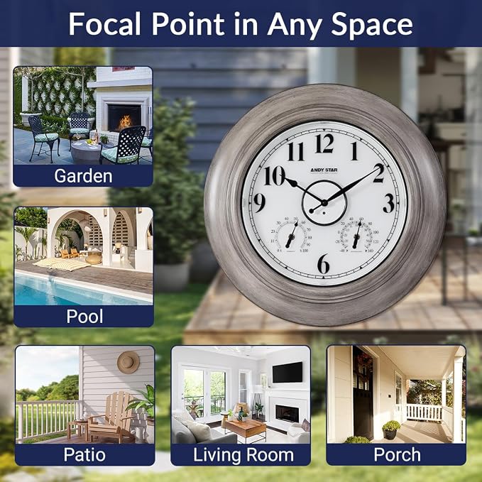 Andy Star 21 Inch Large Luminous Outdoor Wall Clock and Temperature for Patio, Pool, Oversized Round Wall Clocks Waterproof, Vintage Brushed Gray Oak Wooden Finish Silent Non Ticking