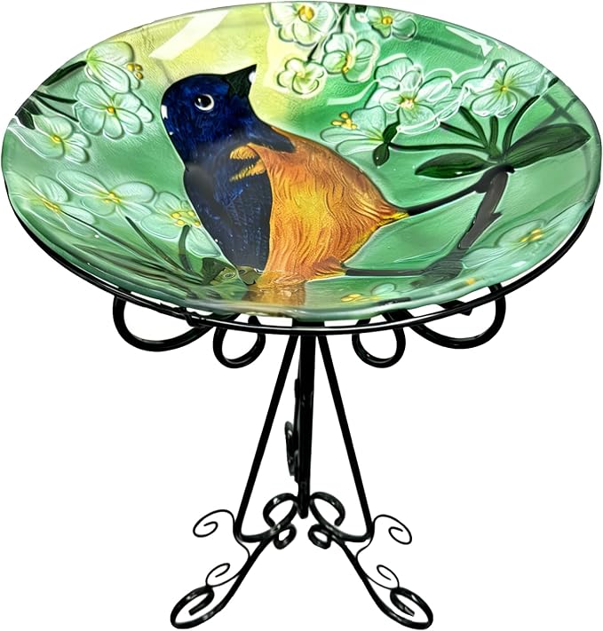 Large Bird Bath for Outside, 18" H Glass Bath Bowl with Metal Stand 28" H Standing Outdoor Birdbaths for Garden Yard Lawn Decor,Baltimore Oriole