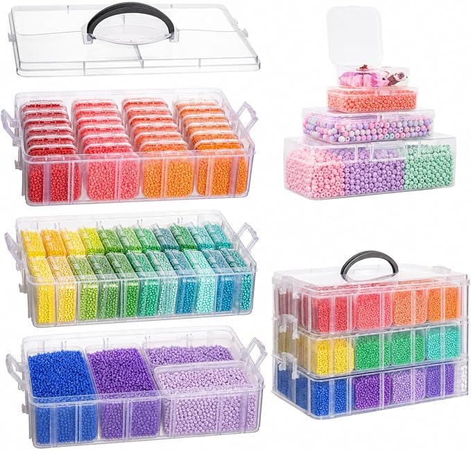 Bead Organizers and Storage, 56 Pcs Small Plastic Containers with Lids and 3-Tier Stackable Storage Box, Mini Clear Organizers for Jewelry Toys Craft Storage (3 tire different sizes 56pcs)