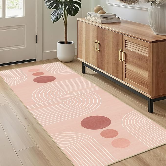Boho Runner Rug 2x6 Modern Geometric Abstract Rug for Hallway Kitchen Bedroom Pink Mid Century Modern Runner Machine Washable Non-Slip Printed Low-Pile Long Floor Carpet for Bathroom Laundry Pink
