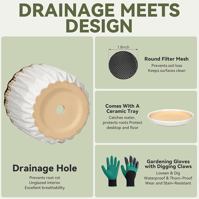 7.5 Inch Ceramic Planter Pot with Saucer Drainage Leak-Proof Mesh,Flower Pots for Indoor Plants with Gardening Gloves,Ceramic Planter(Linen White)