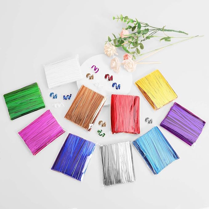 2000 Pcs Metallic Twist Ties 10 Colors Twist Tie 4" Bread Ties Twist Ties for Bags Foil Twist Ties Bag Ties Colorful Twist Ties for Party Gift Wrapping Bags Cellophane Treat Bags Bread Candy Bags