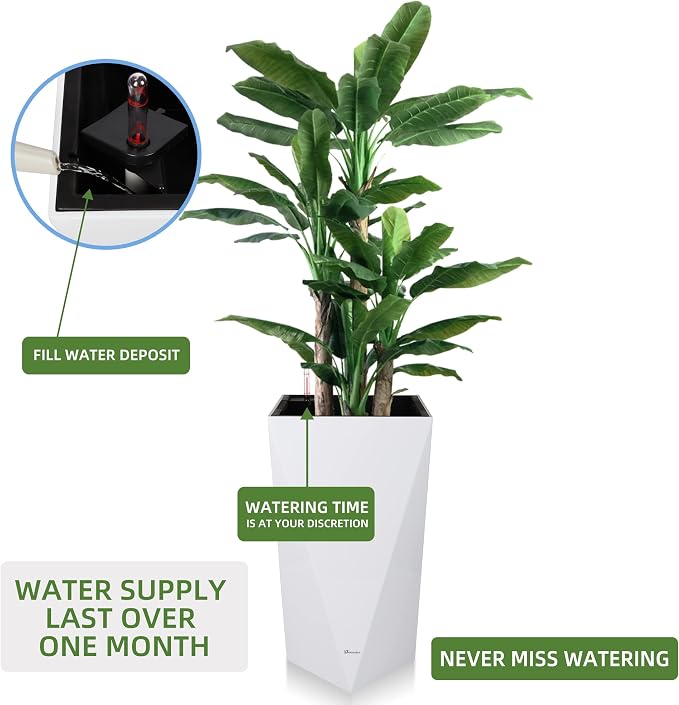 Dexceder 24 Inches Self Watering Tall Planter (White) | Diamond High Gloss, Thickened Rhombus Large Floor Standing Flower Plant Pot with Water Level Indicator Indoor Outdoor