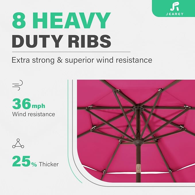 JEAREY 3 Tiers 9 FT Patio Umbrellas Outdoor Table Umbrella with Push Button Market Umbrella 8 Sturdy Ribs UV Protection Waterproof for Garden,Pink