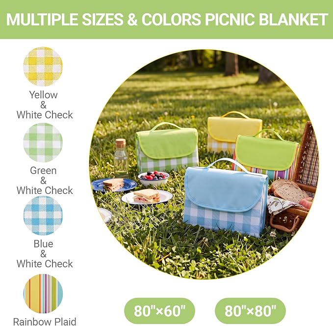Waterproof Foldable Picnic Blanket Outdoor with Carry Strap,80"x80" Extra Large Beach Blanket Sandproof,Portable Soft Gingham Picnic Mat for Camping Travel Hiking Family Concerts Park(Yellow)