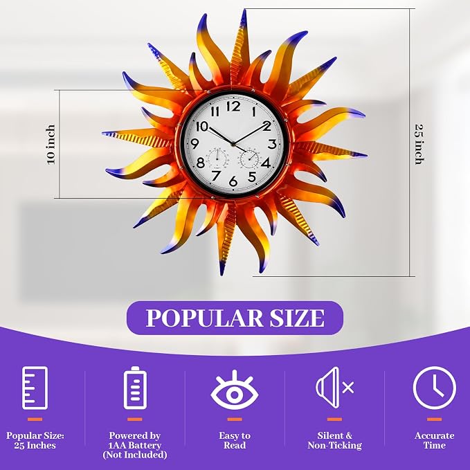Large Sun Outdoor Clock with Thermometer & Hygrometer Combo, Silent No-Ticking Indoor Outdoor Wall Clock, Waterproof Quartz Clock for Patio,Kitchen, Living Room,Bathroom,Garden，25 Inch Violet