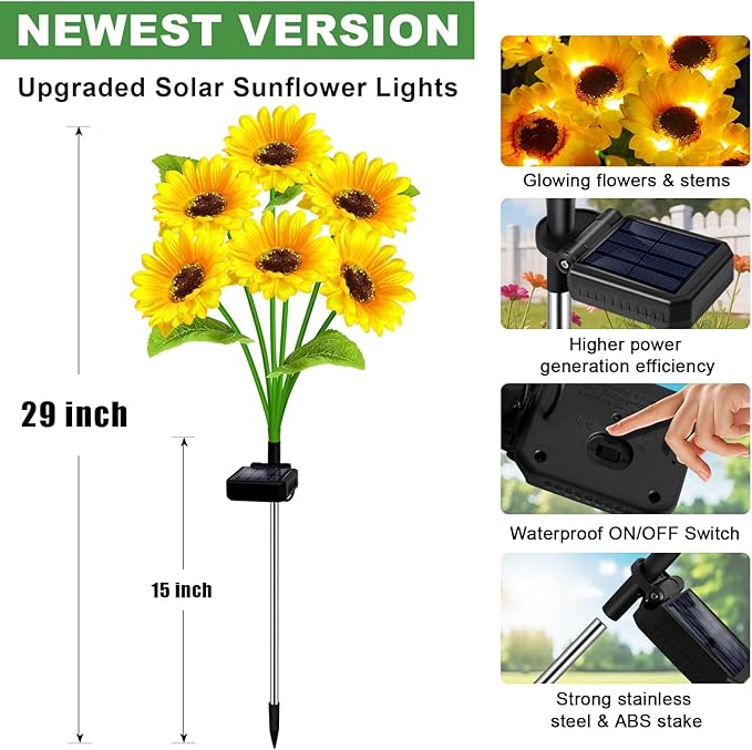 6 Pack with 36 Sunflower Lights,Solar Lights Outdoor Garden Decor,Solar Flowers Lights Waterproof,Sunflowers Birthday Gifts for Mom Women Grandma,Decorative Stakes Lights for Landscape Yard Patio Lawn