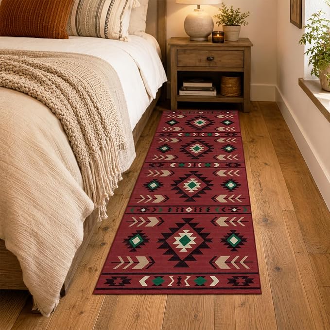 Western Runner Rug 2x6 for Hallway Kitchen Bedroom, Southwestern Aztec Tribal Runner Rugs Southwest Navajo Machine Washable Rug Non-Slip Printed Low-Pile Floor Carpet Mat for Living Room, Red