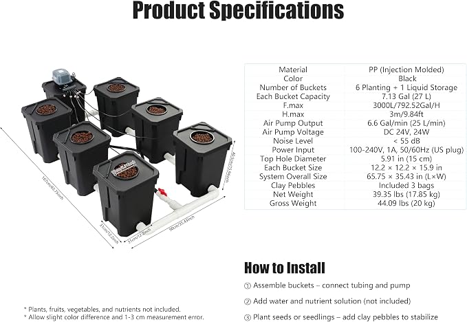 DWC Hydroponic System, Hydroponic Bucket Set (6 Planting Buckets+1 Storage Bucket), 7.13Gallon Water Culture Growing Bucket with Air Pump & Top Drip Kit, for Indoor/Outdoor