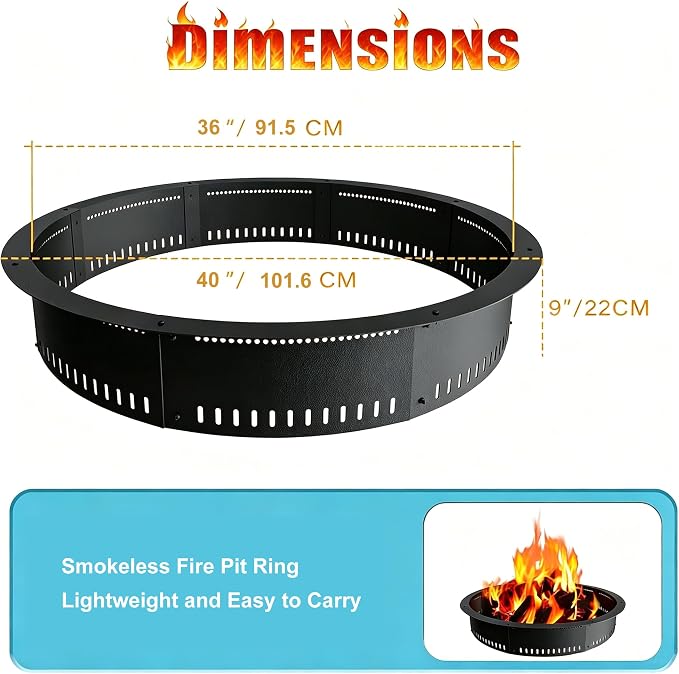 Fire Pit Ring, Smokeless Firepit Ring Insert Liner, Heavy Duty Anti-Rust Metal Fire Ring for Outdoor Patio Backyard Camping, Above or In-Ground DIY Fire Pits (36 in)