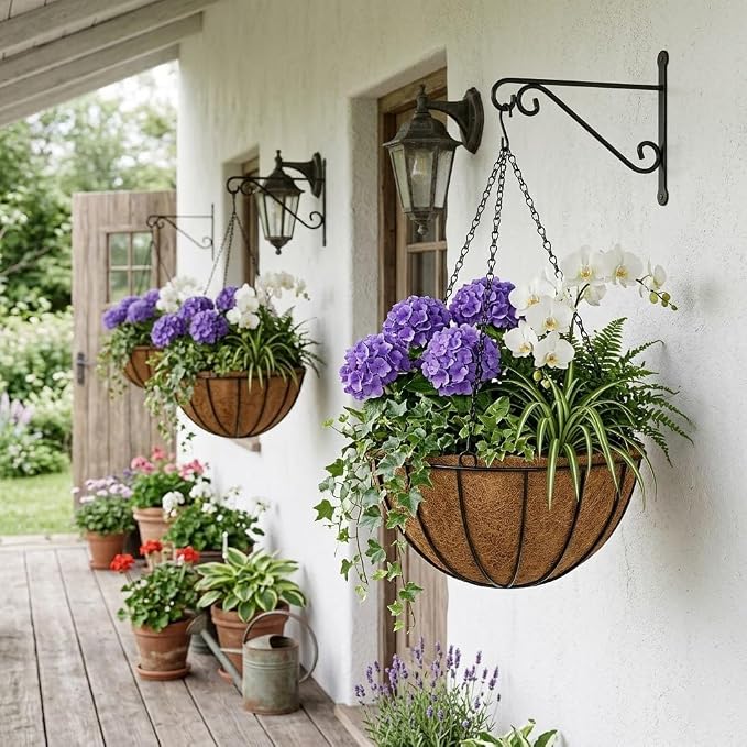 12 Inch Metal Hanging Basket with Coco Coir Liner for Flowers Planting, 6 Pack Hanging Baskets for Plants Outdoor, Round Wire Planters with Chain for Home Patio Porch Balcony Garden Decor