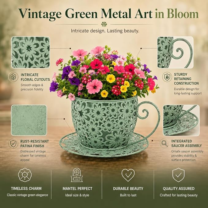 12 Inch Antique Metal Teacup Planter for Outdoor Plants Teapot Planter Floral Hollow Out Decorative Rustic Iron Flower Pot for Summer Garden Patio Home Decor (Vintage Green)