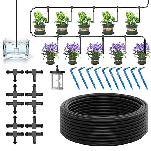 Automatic Drip Irrigation Kit System - 33FT Tubing, Filter, 10 Tee Fittings & 10 Drippers for Potted Plants