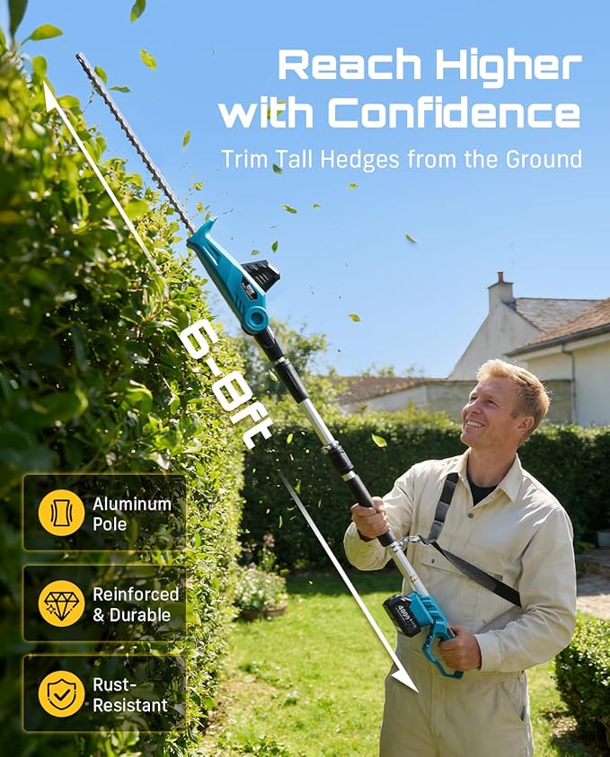 SEESII Cordless Pole Hedge Trimmer: Electric Bush Trimmer with 20" Dual-Action Blade, 2×4000mAh Battery, 8FT Telescopic Pole, Adjustable Rotating Head, Battery Powered Hedge Clipper for Shrub Trimming
