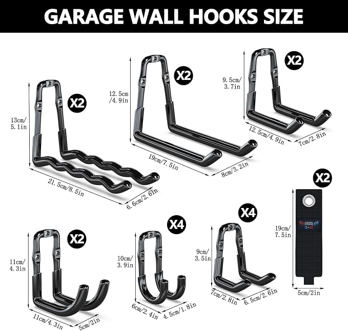 3-H Super Heavy Duty Garage Wall Hooks 18 Pack, One-Piece Construction Garage Wall Hooks, Garage Hanger & Organizer Wall Mount for Ladders, Bikes, Chairs, WeedEaters, Shovels, Garden Tools (Black)