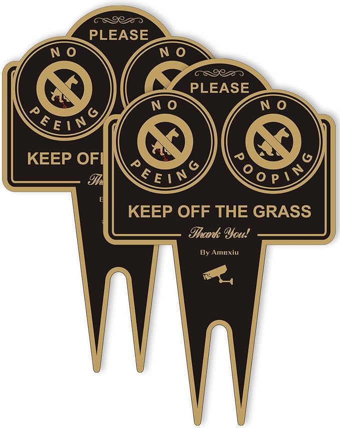 Amexiu No Dog Pooping Peeing Sign, Keep Dog off Grass Yard Lawn Sign, Double Sided 15 x 9.5 X 0.08 Inches Rust Free, Easy Mounting Durable Ink Black Gold Color, 2 Pack