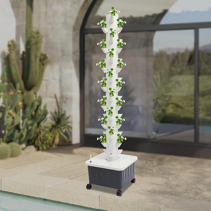 15-Tier Hydroponic Growing Tower Kit, 45 Holes Indoor Vertical Garden System with Water Pump & Wheels, 30L Tank for Lettuce Herbs Strawberries, Hydroponics System for Balcony Gardening, DIY Home Farm