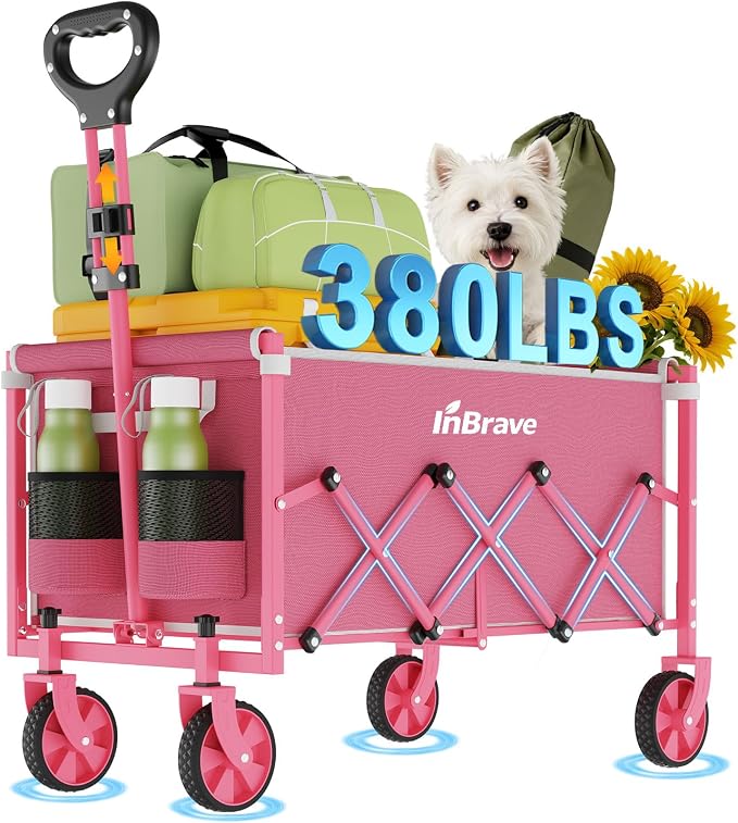 Collapsible Wagon Cart Foldable Beach Wagon with All-Terrain Wheels - 380 LBS Heavy Duty Grocery Cart for Shopping, Beach, Camping, Sports, Garden (Pink)