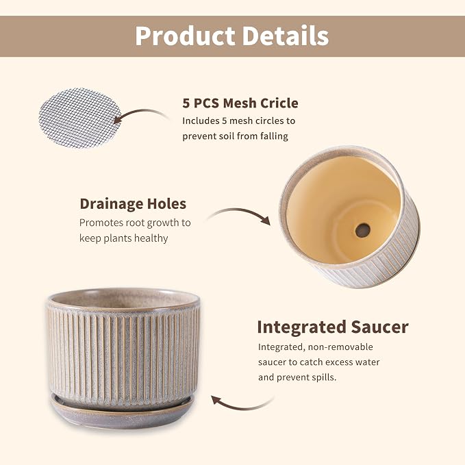 SURE YUESI Ceramic Plant Pots Set of 3, Indoor Outdoor Planters with Drainage Hole and Saucer, Ceramic Flower Pots for Indoor Plants, 4.3+5.5+6.8 Inch, Home, Garden, Patio and Office, Matte Grey