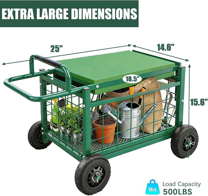 Extra-Large Rolling Garden Cart and Kneeler, 4-in-1 Garden Seat with Wheels | Heavy Duty Gardenning Cart with Seat and Kneeler, Rolling Stools with Wheels for Seniors Gardening