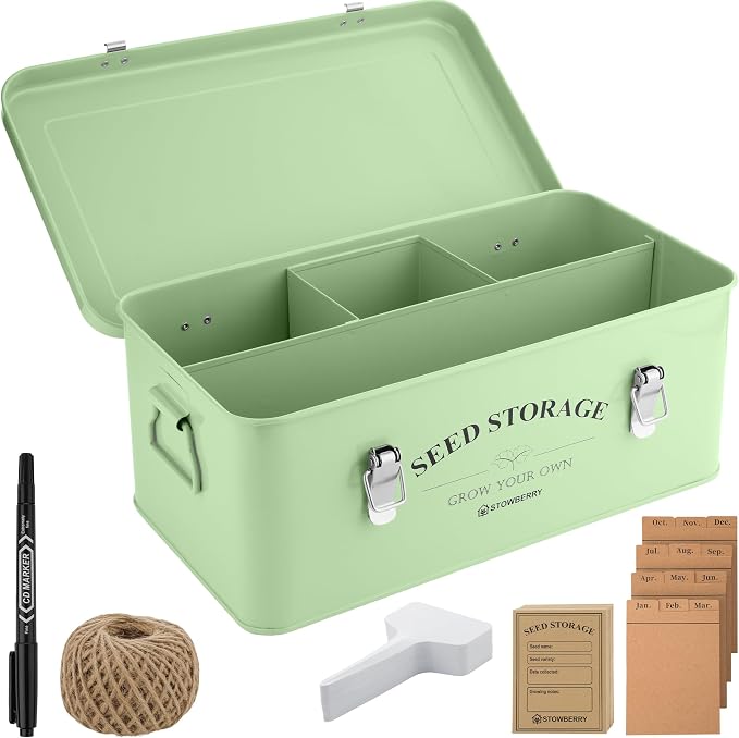 Seed Storage Box Organiser – Green Garden Seeds Tin with Lid, Side Handles, 4 Compartments & Safety Lock – Seed Packet Container for Gardeners – Gardening Gift Idea with Over 100 Accessories | Seed Tin with Lid, Handles, 4 Sections & Safety Lock, Over ...
