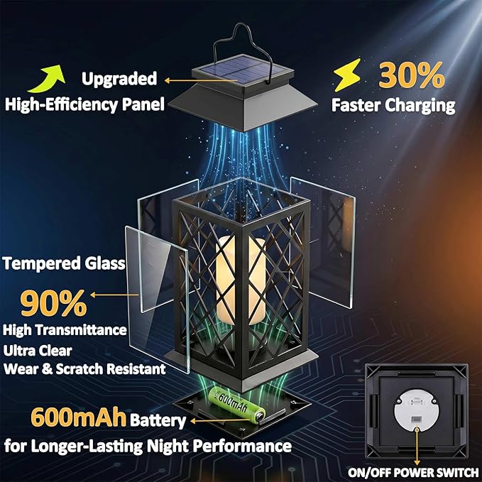 14" Large Solar Lanterns Outdoor Waterproof, Tempered Glass, Hanging Solar Lights with Flickering Flameless Candles, Retro Solar Lantern for Wall Porch Patio Table Garden Decorations, Black
